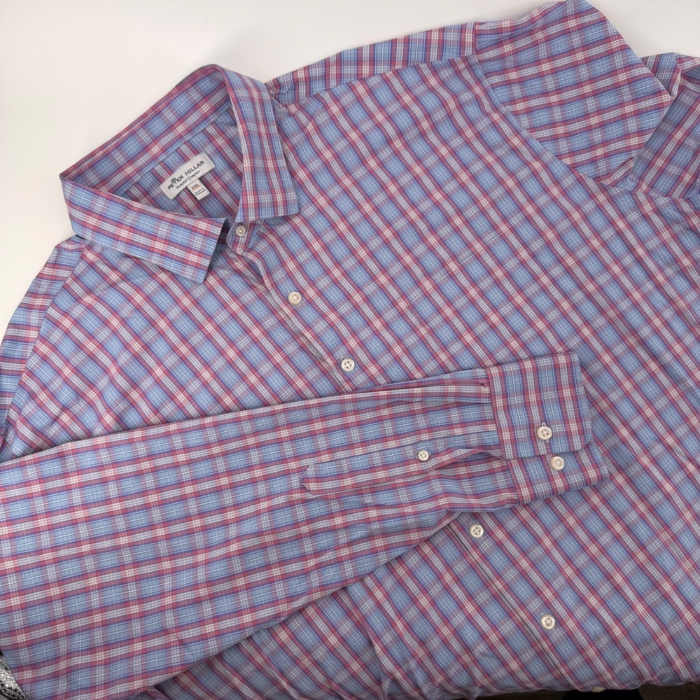 Peter Millar Summer Comfort Mens XXL Plaid Button Up Shirt Blue Red Stretch